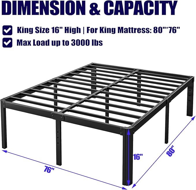 16" High King Bed Frame No Box Spring Needed, Heavy Duty King Platform Bed Frame with Round Corners, Easy Assembly, Noise Free, Black