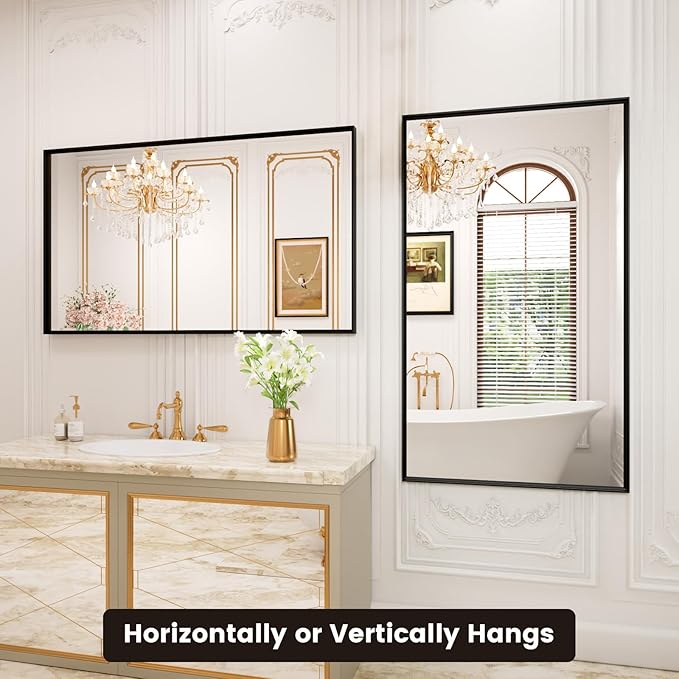 50x30 Inch Black Bthroom Mirror, Black Metal Frame Vanity Mirror for Wall, Square Corner, Rectangle, Tempered Glass, Anti-Rust (Horizontal/Vertical), Bedroom, Living Room, Entryway