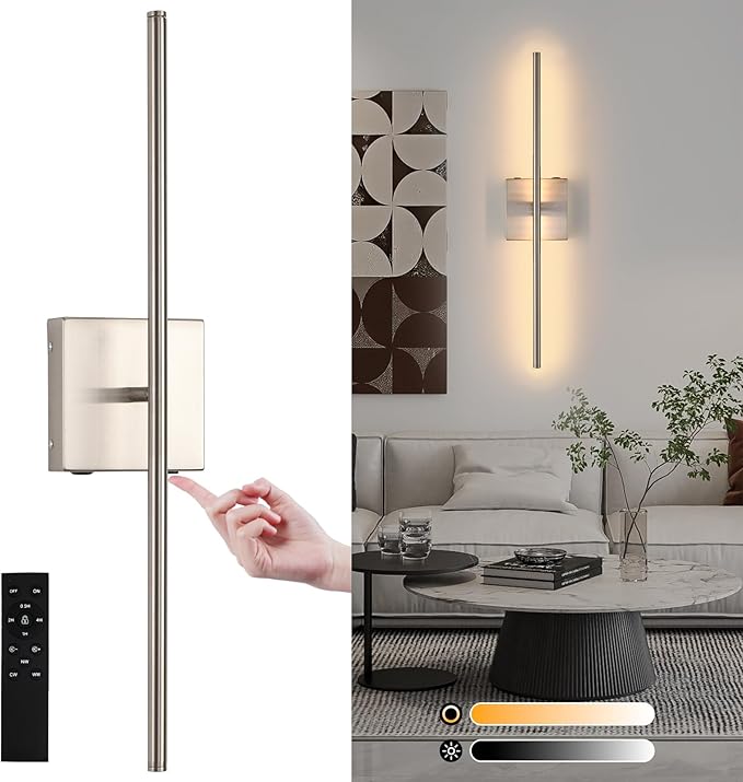Battery Operated Wall Sconces, Modern Brushed Nickel Rechargeable Wall Sconce with Remote Control, 3000K-6000K Dimmable LED Wireless Wall Light for Living Room Bedroom Hallway 23.6 Inchs(1 Pack)