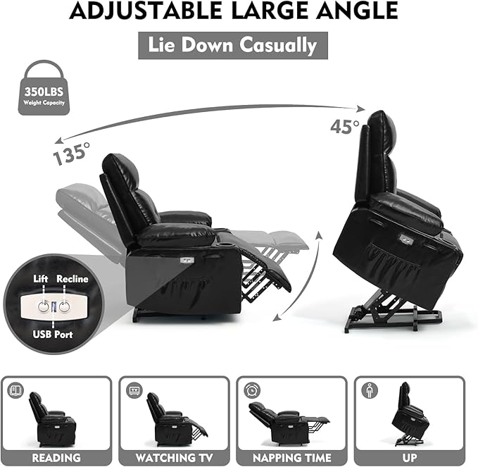 Polar Aurora Power Lift Chair for Elderly,Electric Recliner Chair with Vibrating Massage & Heating,Living Room Chair with Thickened armrest,USB Ports,2 Cup Holders,Black
