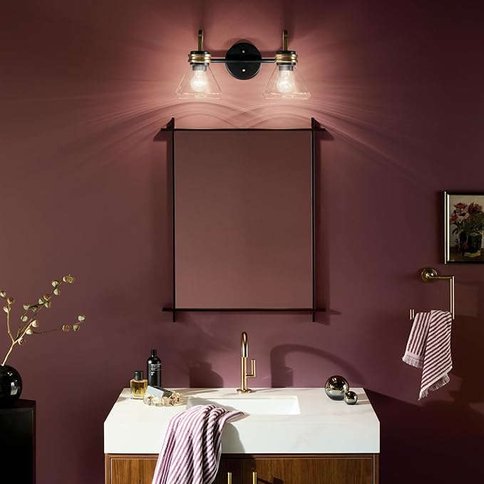 Kichler Farum 19.25" 2-Light Vanity Light with Clear Glass in Black, for Vanity, Jack & Jill Layout, Over a Mirror (19.25" W x 9.5" H), 55154BKCLR