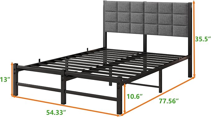 Full Bed Frame with Headboard,Metal Platform Bed Frame Full Size,Upholstered Bed Frames Full No Box Spring Needed/Under Bed Storage/Easy Assembly,Metal Slats Support/Noise Free,Grey