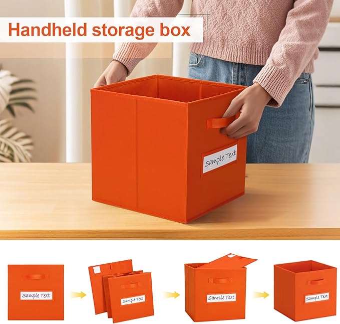 artsdi 11x11 storage cube bins (Set of 10) Foldable Fabric storage cubes with 10 Labels Window Cards & a Pen,11 inch cube storage bin,Closet Organizers for Shelves,Cubby Organizer Boxes,Orange