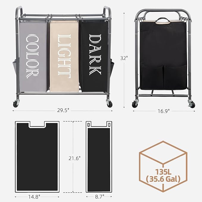 STORAGE MANIAC 3 Section Laundry Sorter, 35.9 Gal (136 L) Laundry Hamper Cart with Heavy Duty Rolling Lockable Wheel and Removable Bag, Clothes Organizer Basket Clothes Separator Hamper, Multicolored