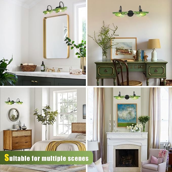 2 Light Black Vanity Light Bathroom Wall Sconce Vintage Wall Sconce Lights Wall lamp with Green Glass Shade Bathroom Vanity Light Over Mirror for Bedroom Hallway Living Room