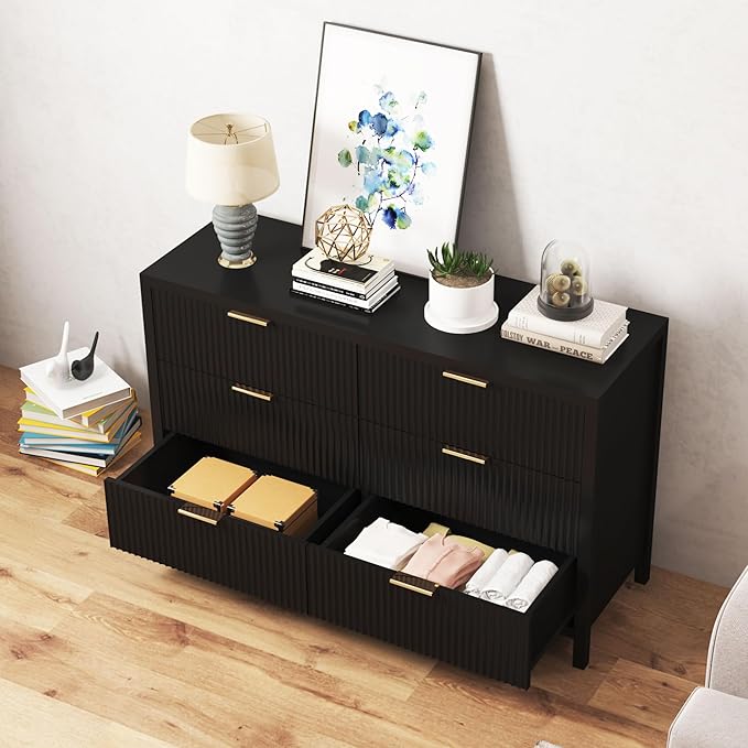 Fluted 6 Drawer TV Stand Dresser for Bedroom, Mid Century Modern Dresser with Drawers, Storage Organizer with 6 Drawers, Fluted Cabinet for Closet Cloth, Living Room, Entryway -Black