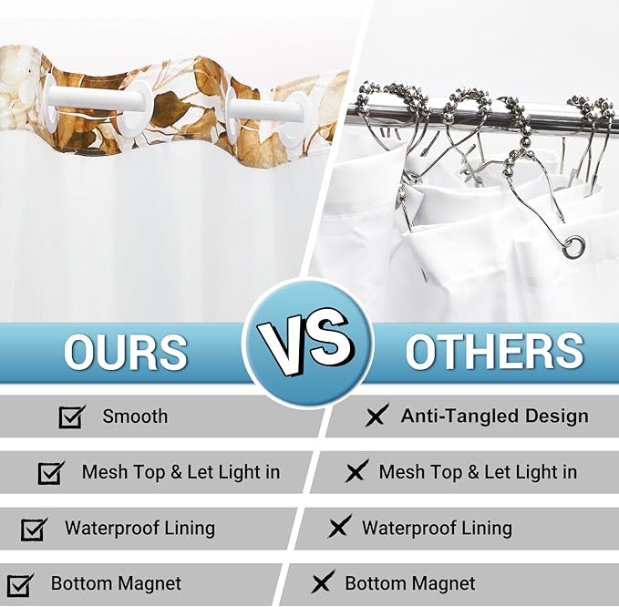 No Hook Shower Curtain with Snap in Liner - Eucalyptus Shower Curtain - Washable Waterproof Inner Liner, Plants Orange Leaves Modern Shower Curtains - Machine Washable, 71 x 74