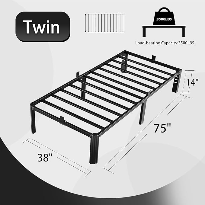 Metal Bed Frame,Twin Bed Frames with Fixed Stand,Bedframe with Storage Space,Easy Assembly,No Box Spring Needed,Headboard Hole and Round Corner Legs Mattress Retainers 14 Inch,Black,Twin
