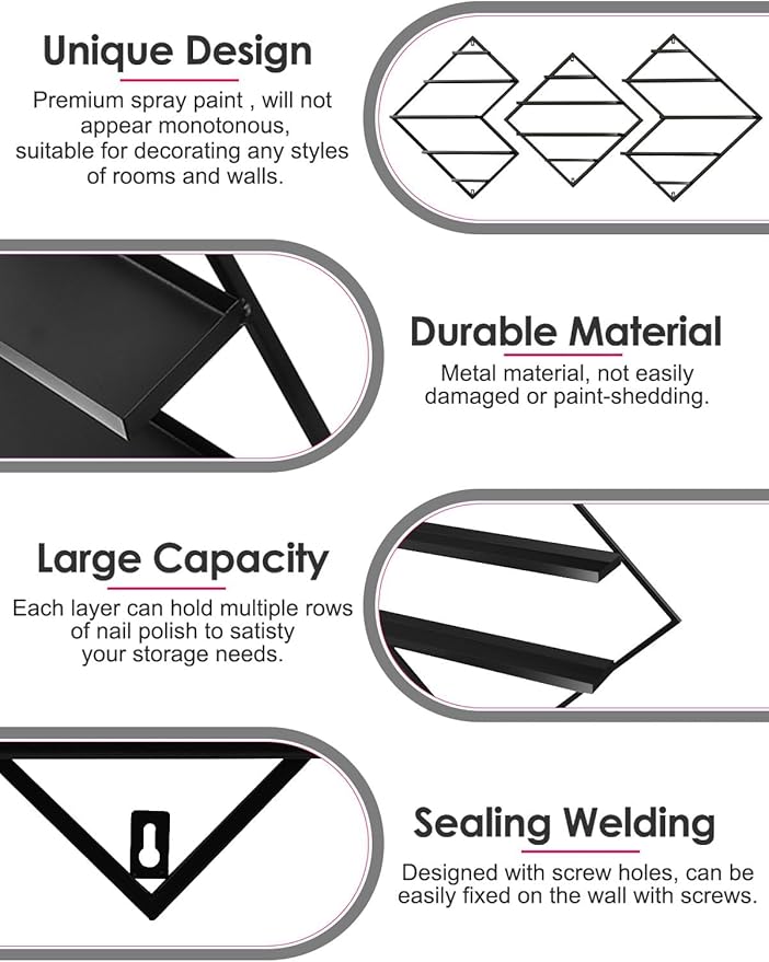 EBANKU Metal Wall Mounted Nail Polish Storage Racks, Black Display Rack Cosmetic Display Case Lipstick Wall Shelf Essential Oil Organizer for Bottles Spa Nail Salon (Irregular Rhomboid)