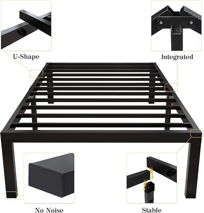 18 Inch Tall and Strong Platform Metal Bed Frame/Easy Assembly Mattress Foundation/ 4000lbs Heavy Duty Frame with Steel Slat Support/No Noise/No Box Spring Needed，Twin