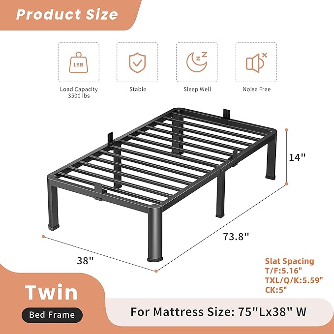 14 Inch Twin Heavy Duty 3500 lbs Bed Frame with Round-Corner Legs & Anti-Squeak Design – Quick Assembly Metal Platform, No Box Spring Needed