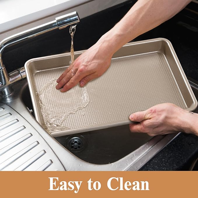 2 Piece Professional Baking Pan Set, Nonstick Bakeware Set, Heavy Duty Thick Cookie Sheets for Baking, 9x13in, 10x15in, Textured, Gold