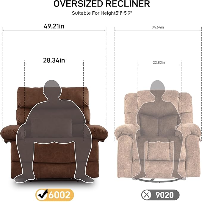 Oversized Power Recliner Chair 350lb with Hidable Cup Holders, Extra Wide Large Big Electric Recliner Chair with Lumbar Support Pillow Nursery Chair Living Room (Manual, BROWN-6002-1)