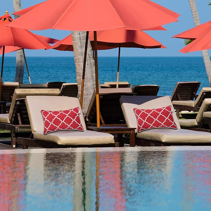 JMGBird 12×20 Inch Outdoor Lumbar Pillows Pack of 2 Waterproof Throw Pillows with Insert Rectangular Decorative Garden Cushion for Home Furniture Patio Coach Sofa (Red)