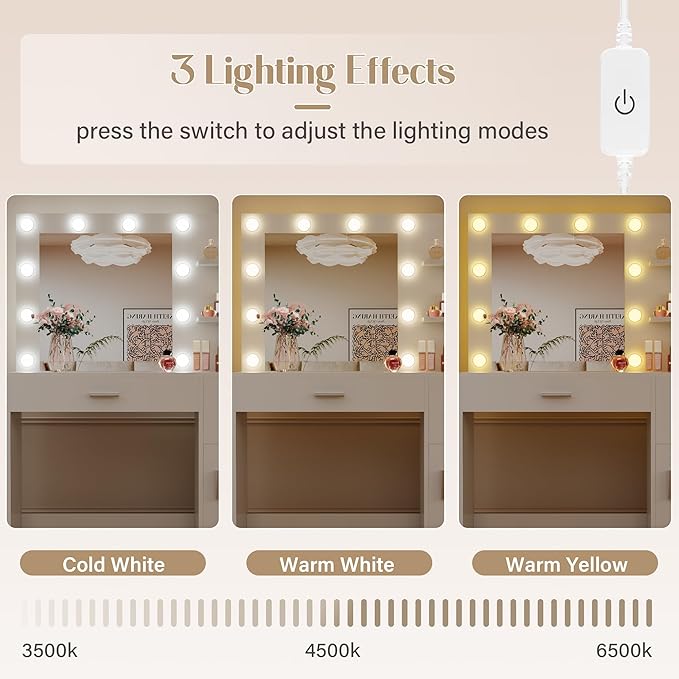 JUMMICO 35.4" Vanity Desk with LED Mirror & Power Outlet, Makeup Vanity Table with 3 Open Storage Shelves, Drawers and Cabinet, 3 Model Adjustable Lights for Bedroom & Dressing Room (White)