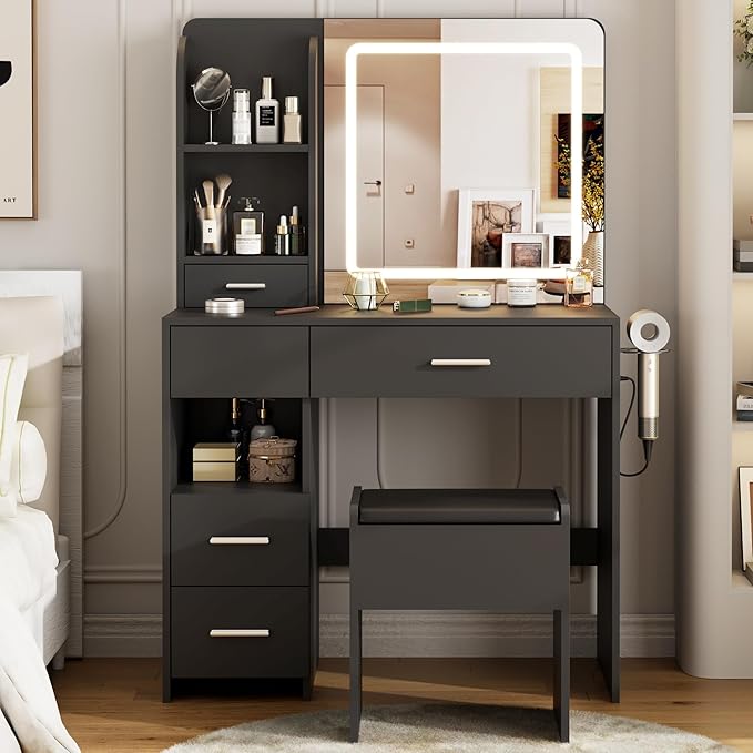 Vanity Desk with Mirror and Lights, 3 Lighting Colors and Power Outlet Makeup Vanity Desk with 5 Large Drawers and 3 Storage Shelves, Black Vanity with Storage Stool for Bedroom