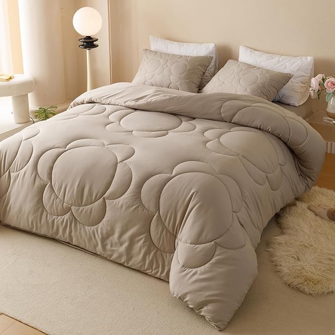 Luxlovery Beige Coffee Sunflower Comforter Set Cal King Light Khaki Bedding Comforter California King Cream Khaki Floral Boho Farmhouse Bedding Set Cal King Bed