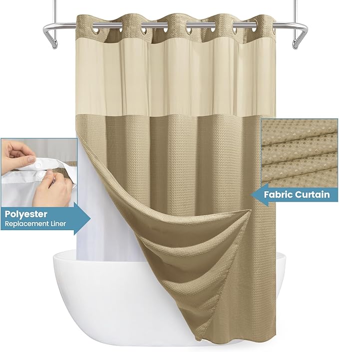 Beige No Hook Shower Curtain with Snap in Liner,230GSM Waffle Weave Shower Curtains for Bathroom,71W x 74H