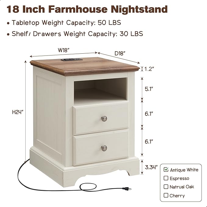 T4TREAM Nightstand with Charging Station, 18 Inch Vintage End Table with 2 Drawers, Wood Rustic Sofa Side Table with Open Storage Shelf for Bedroom, Living Room, Antique White
