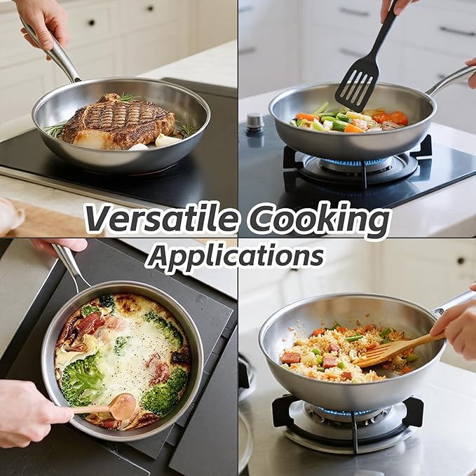 Kirecoo Tri-Ply Stainless Steel Pan - 12 Inch Frying Pan, Fast and Even Heat Stainless Steel Skillet, Induction Cookware, Dishwasher and Oven Safe Skillet