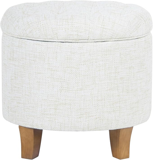 HomePop Home Decor | Upholstered Round Tufted Foot Rest Ottoman | Ottoman with Storage for Living Room & Bedroom | Decorative Home Furniture, Cream Textured Solid