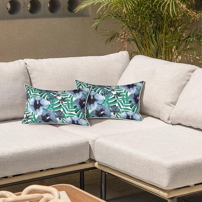 LVTXIII Outdoor Lumbar Pillow Covers 12"x20", Covers ONLY, 2 Pack 30x50cm Lumbar Cushion Cover with White Piping for Home Patio Garden Sofa Bench, Blue Salmone Tropical