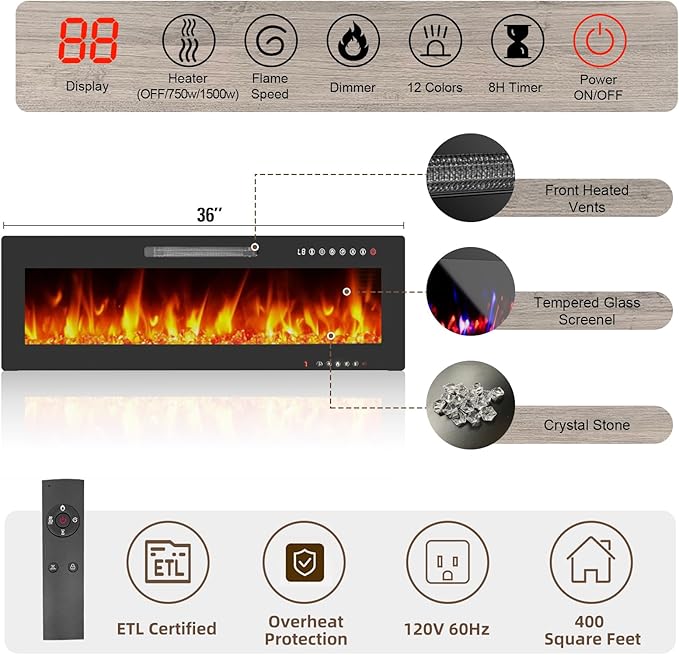 Ludatido 70 Inch TV Stand with 36 inch Electric Fireplace 27 LED Light Entertainment Center for TVs Up to 80" Black Modern Wood Media TV Console with Highlight Cabinet for Living Room Gray