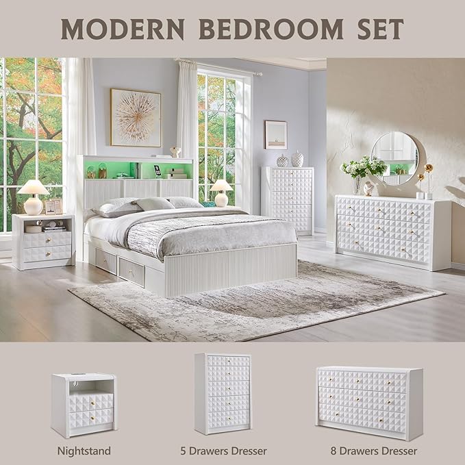 Modern 8 Drawer Dresser for Bedroom, Wooden Large Dressers &Chests of Drawers w/Two Different Drawer Sizes, Mid Century Modern Dresser w/Diamond Panel Decorate for Bedroom, Curved Profile Design,White