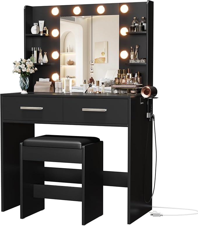 YESHOMY Vanity Desk with Mirror, Makeup Table with 2 Large Drawers, Power Outlet and Round Holder, 3 Color Modes Adjustable Bulb, Pure Black
