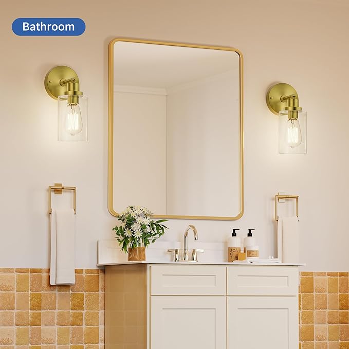 GORDNWE 1-Light Bathroom Wall Sconce, Brushed Gold Vanity Light, Modern Wall Light Fixture with Clear Glass Shade and E26 Bulb Base, Wall Lamp Wall Mount Light Fixtures for Mirror, Bedroom, Hallway