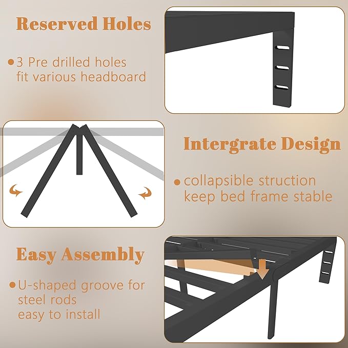 10 Inch Queen Bed Frame, Black Bed Frame Queen Size with Metal Baffles, No Box Spring Needed, Heavy Duty Steel Platform Support, Rounded Corner Design, Reserved Holes, Storage Space, Noise Free