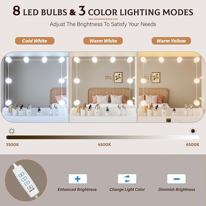 Vanity Desk with Mirror and Lights Dimmable LED Makeup Vanity Table with Drawers Side Cabinet 3 Storage Shelves Power Outlet Dressing Table Set include Holder Cushioned Stool for Bedroom(white)