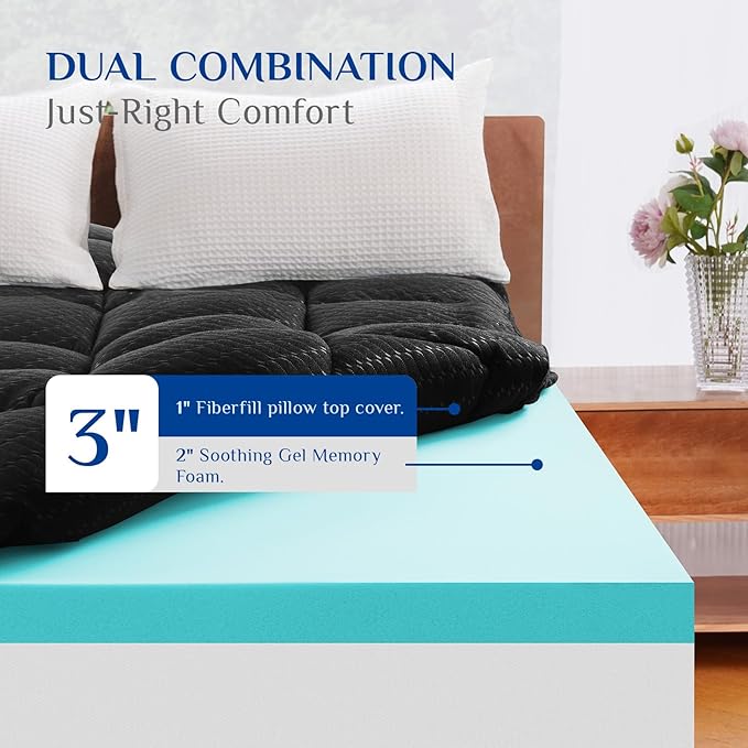 Dual Layer 3 Inch Memory Foam Mattress Topper Twin Size, 2 Inch Cooling Gel Memory Foam Plus 1 Inch Pillow Top Mattress Pad Cover, with 8-21 Inch Deep Pocket, Black