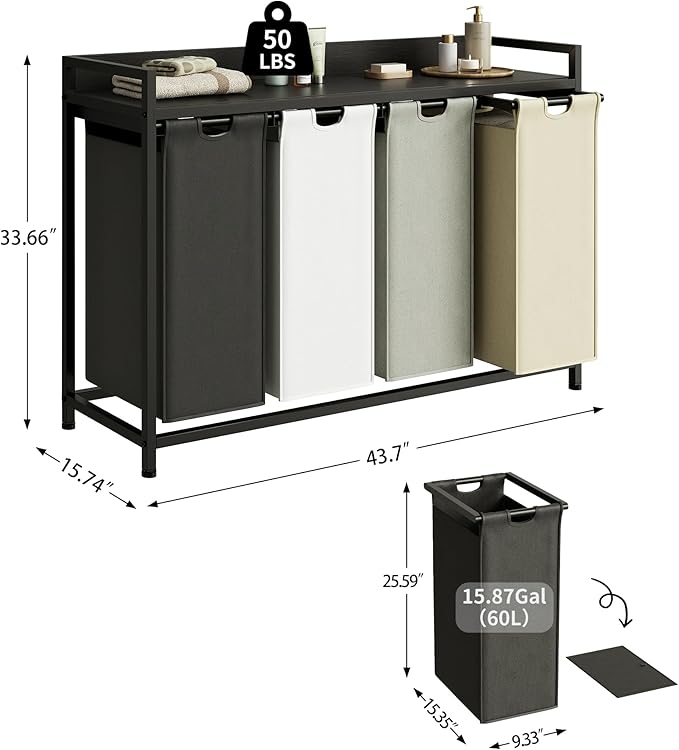Laundry Hamper with Shelf, Laundry Basket 4 Section, Laundry Sorter with Pull-Out Removable Large 4 Color Bags and Movable Wheels, Metal Frame, 4 x 15.87 Gallons (60L), Black PF07XLK