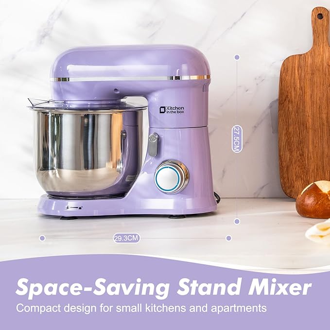 Kitchen in the Box Stand Mixer, 3.5 QT Small Electric Kitchen Mixer, 10-Speed Portable Lightweight Food Mixer with Stainless Steel Bowl, Egg Whisk, Dough Hook, Beater (Lavender Purple)