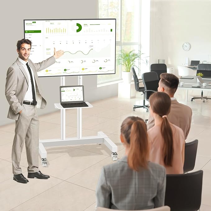 TVON Upgraded Mobile TV Stand on Wheels for 32-80 inch Flat Screen/Curved TVs up to 110 lbs, Height Adjustable Mobile TV Cart with Metal Laptop Shelf, Rolling TV Stand for Home and Office Use,White