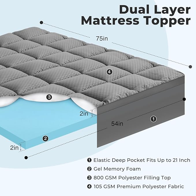 OLANLY Dual-Layer 4 Inch Full Size Memory Foam Mattress Topper for Back Pain, 2 Inch Cooling Pillow Top Mattress Pad Cover and 2 Inch Gel Memory Foam Topper, Deep Elastic Pocket, Grey