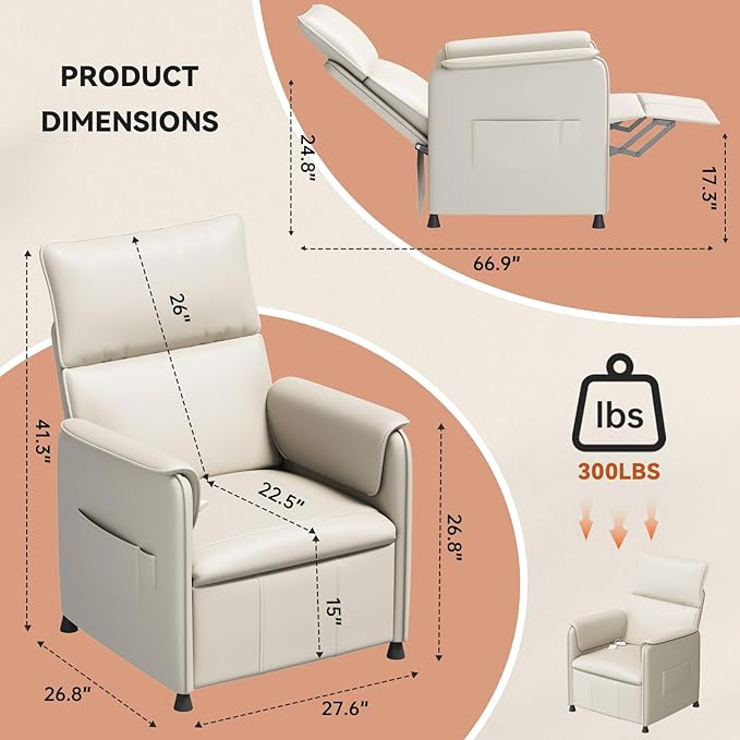 Recliner Chair，Electric Adjustable PU Leather Recliner with Remote Control and Padded Backrest,Recliner Single Sofa Seat with Thick Seat Cushion for Living Room Bedroom Home Theater (Beige)