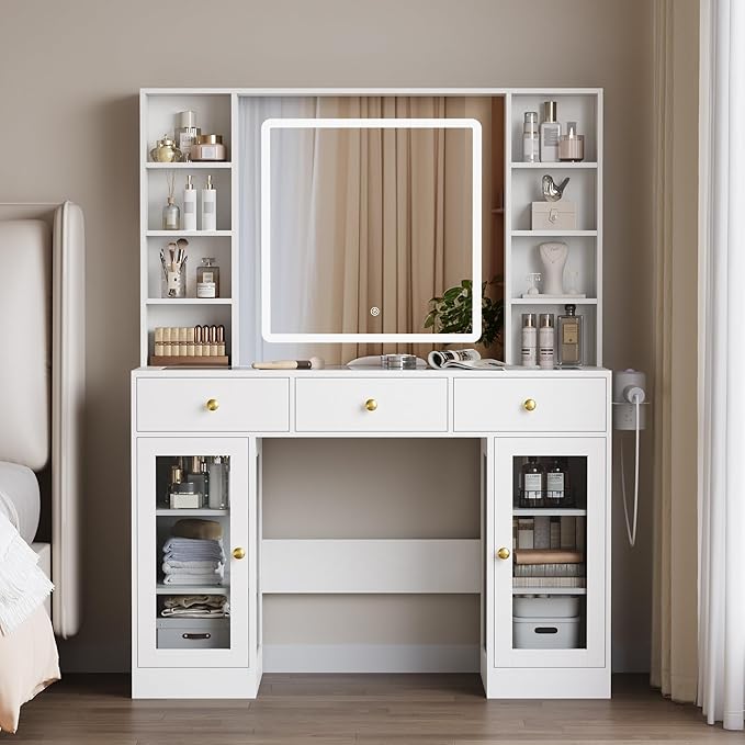 Vanity Desk with Mirror and Lights, White Makeup Vanity with Glass Top & Drawers, 3 Lighting Modes, Power Outlet, RGB Glass Cabinets, Modern Dressing Table for Bedroom, Girls, Women, Teens