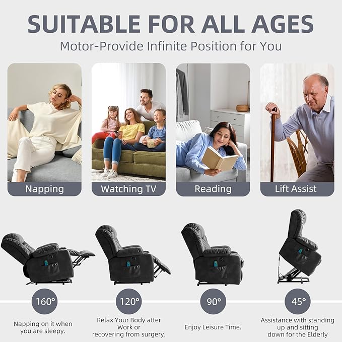 Power Lift Recliner Chair for Elderly, Electric Recliner Chairs for Adults with Massage and Heat, Cup Holders, Remote Control, USB Ports, Side Pockets, Leather (Black)