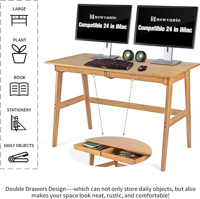 Nnewvante Writing Computer Desk 46" Bamboo Home Office Table with 2 Drawers, Modern Furniture Simple Study Makeup Workstation