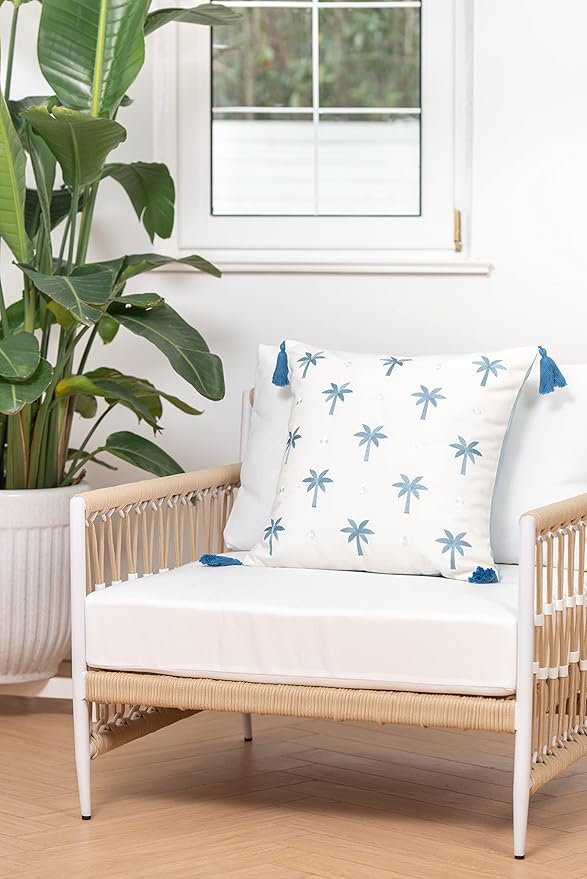 Hofdeco Premium Coastal Hampton Style Patio Indoor Outdoor Pillow Cover Only, 20"x20" Water Resistant for Backyard, Couch, Baby Blue Embroidered Palm Tree Tassel