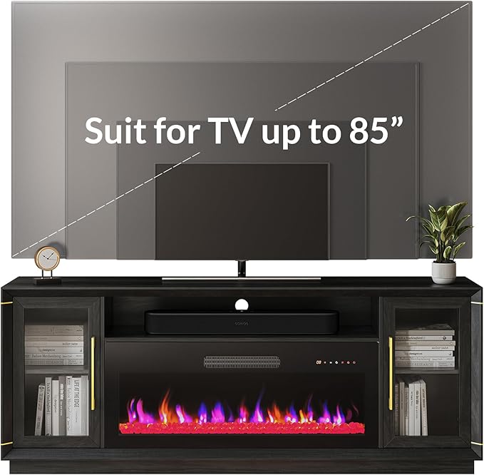 BELLEZE 74" Extra Large TV Stand for TVs Up to 85", Media Console Table with 42" Electric Fireplace Heater, Entertainment Center with Storage Cabinets for Living Room, Bedroom - Sienna (Black Ebony)