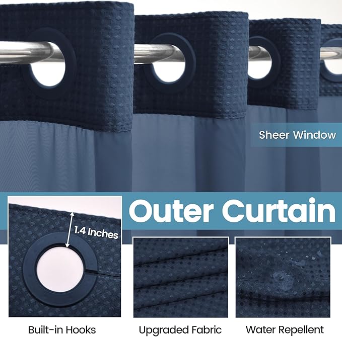 Navy Blue Long No Hook Shower Curtain with Snap in Liner,230GSM Waffle Weave Shower Curtains for Bathroom,71W x 86H