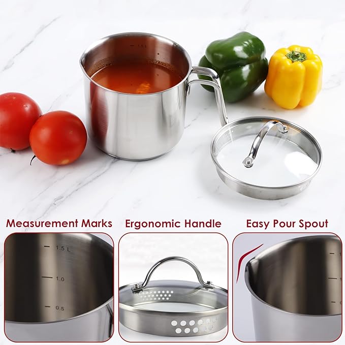 Stainless Steel Saucepan with Glass Lid, Multipurpose 1.5 Quart Sauce pan Sauce Pot with Straining Cover & Pour Spouts for Boiling Milk, Sauce, Gravies, Pasta, Noodles