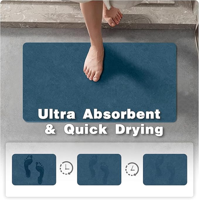 Bathroom Mat Quick Dry, Bathroom Rugs Non Slip Washable Thin Absorbent Bath Mat Fits Under Door Bathroom Floor Mat Perfect for Bath, Shower, or Sink 16"x24" Denim Blue