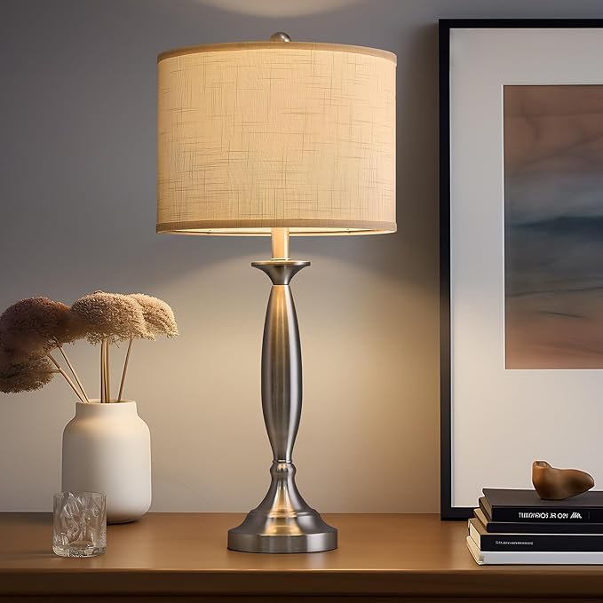 Oneach 27" Modern Table Lamps Set of 2 for Living Room Bedroom with USB A+ C Charging Port,Brushed Steel Bedside Lamps for Night Stands,Fabric Drum Shade Nightstand Lamp Light for End Tables Home