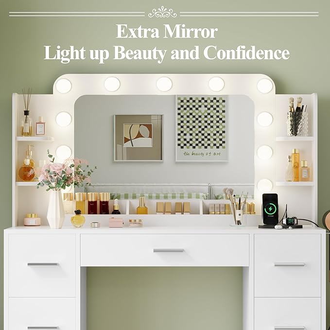 JUMMICO Makeup Vanity Desk with Large Mirror and Lights, Vanity with Power Strip and Hairdryer Holder, 6 Open Shelves and 7 Drawers Modern Dressing Table, for Bedroom (White)