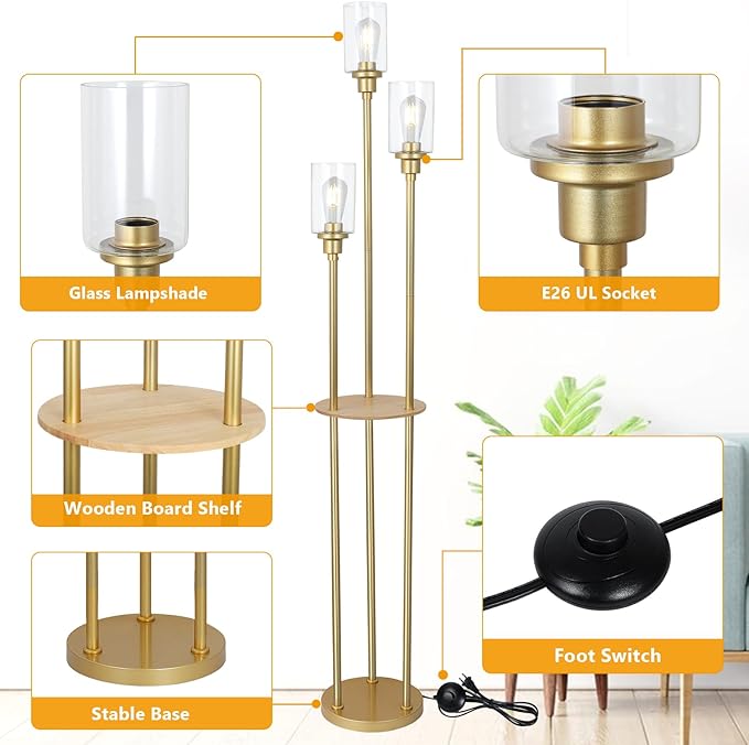 HMVPL Floor Lamps for Living Room, Gold Floor Lamp with Shelves, 3-Lights Modern Brass Standing Lamp with Glass Shades, On/Off Foot Switch, Mid Century Tall Lamp for Bedroom Corner Office(66")