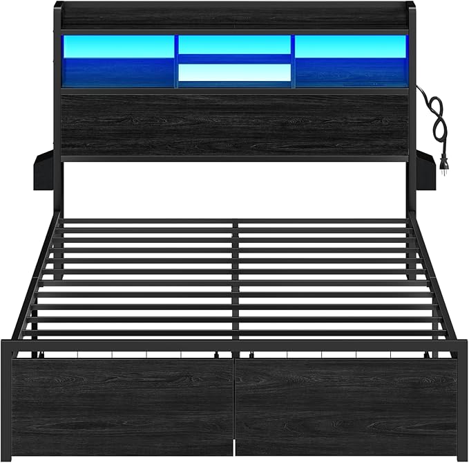 Furnulem Queen Bed Frame with Wood Headboard and Storage Shelf, Metal Platform Bed Frame Queen Size with Storage Drawers, LED Lights and Charging Station, No Box Spring Needed, Noise Free, Black